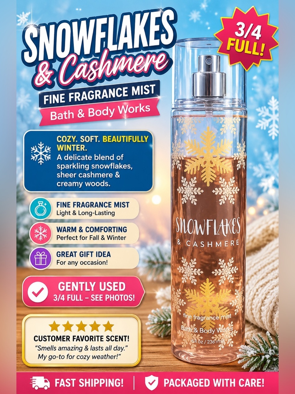 Snowflakes & Cashmere Fine Fragrance Mist - Gold & White Snowflake 3/4 full